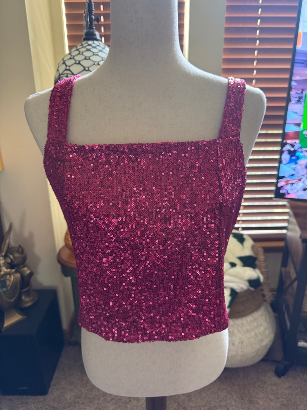 Rachel Zoe Fuchsia Sequin Square-Neck Crop Top
